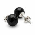 Pair of faceted black 10 mm resin sphere stud earrings with sterling silver posts and butterfly backs on a white background.