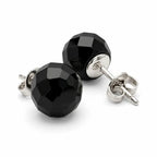 Pair of faceted black 10 mm resin sphere stud earrings with sterling silver posts and butterfly backs on a white background.