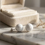 Geometric faceted white resin stud earrings highlighting reflective multi-angled cuts and polished 925 silver posts.