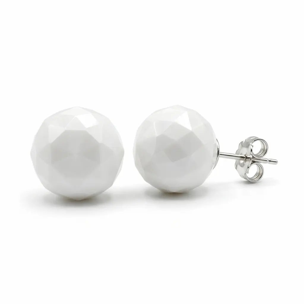 Faceted round white resin stud earrings featuring solid 925 sterling silver posts and butterfly friction backs.