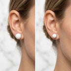 Faceted white resin stud earrings for women in 925 sterling silver worn to compare 10 mm and 8 mm sizes.