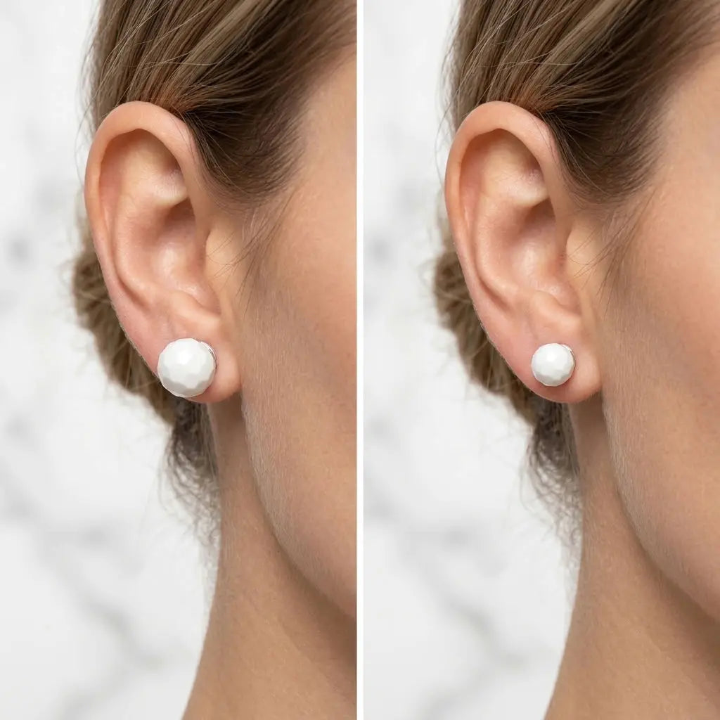 Faceted white resin stud earrings for women in 925 sterling silver worn to compare 10 mm and 8 mm sizes.