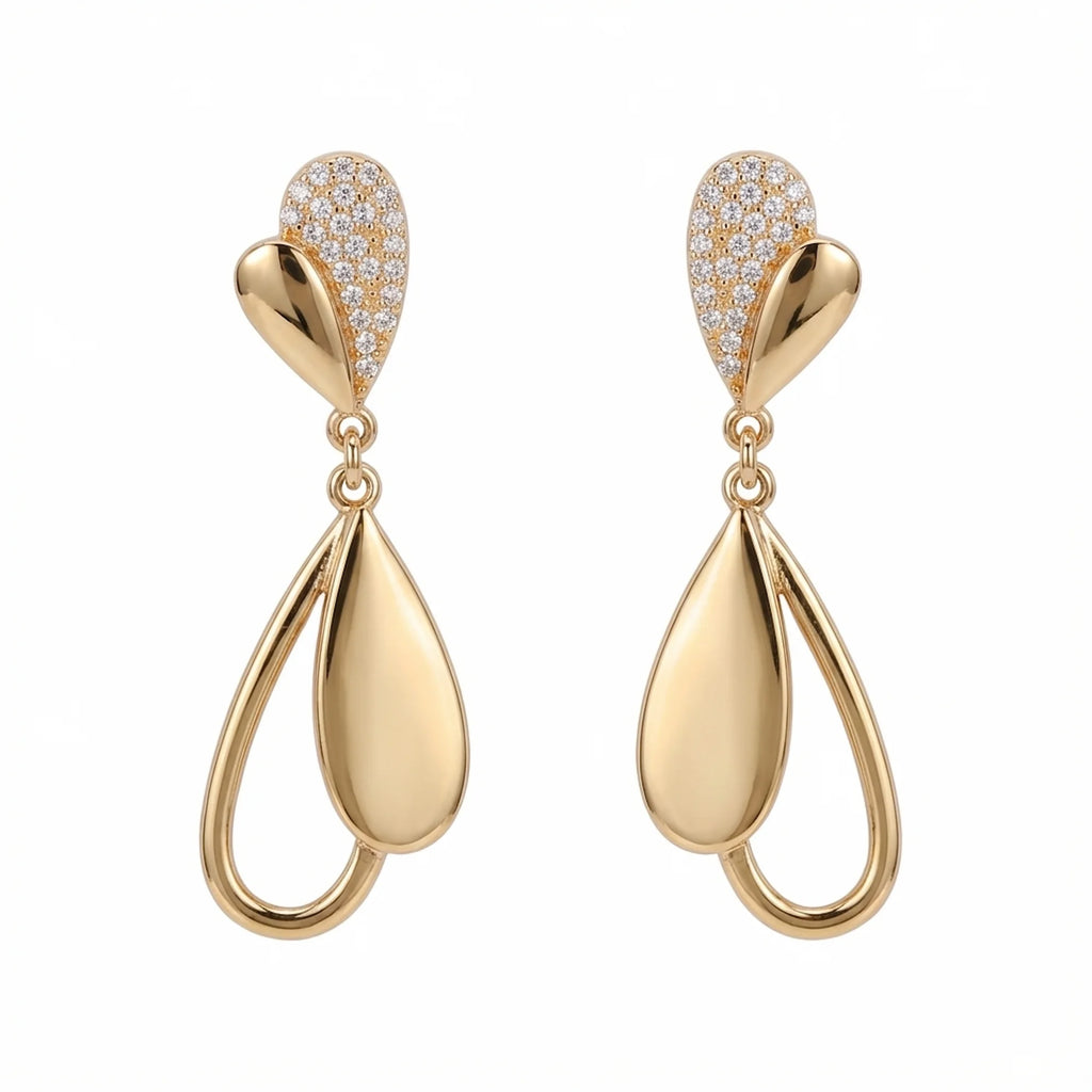 18K gold plated sterling silver falling leaves drop earrings with pavé cubic zirconia and polished finish in Dubai.