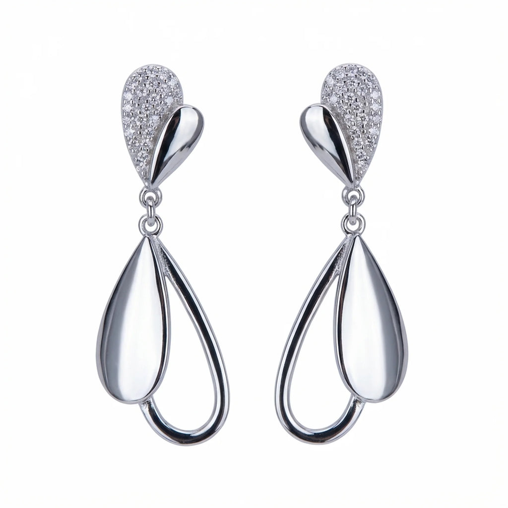 Rhodium plated sterling silver falling leaves drop earrings with pavé cubic zirconia and polished finish in Dubai.