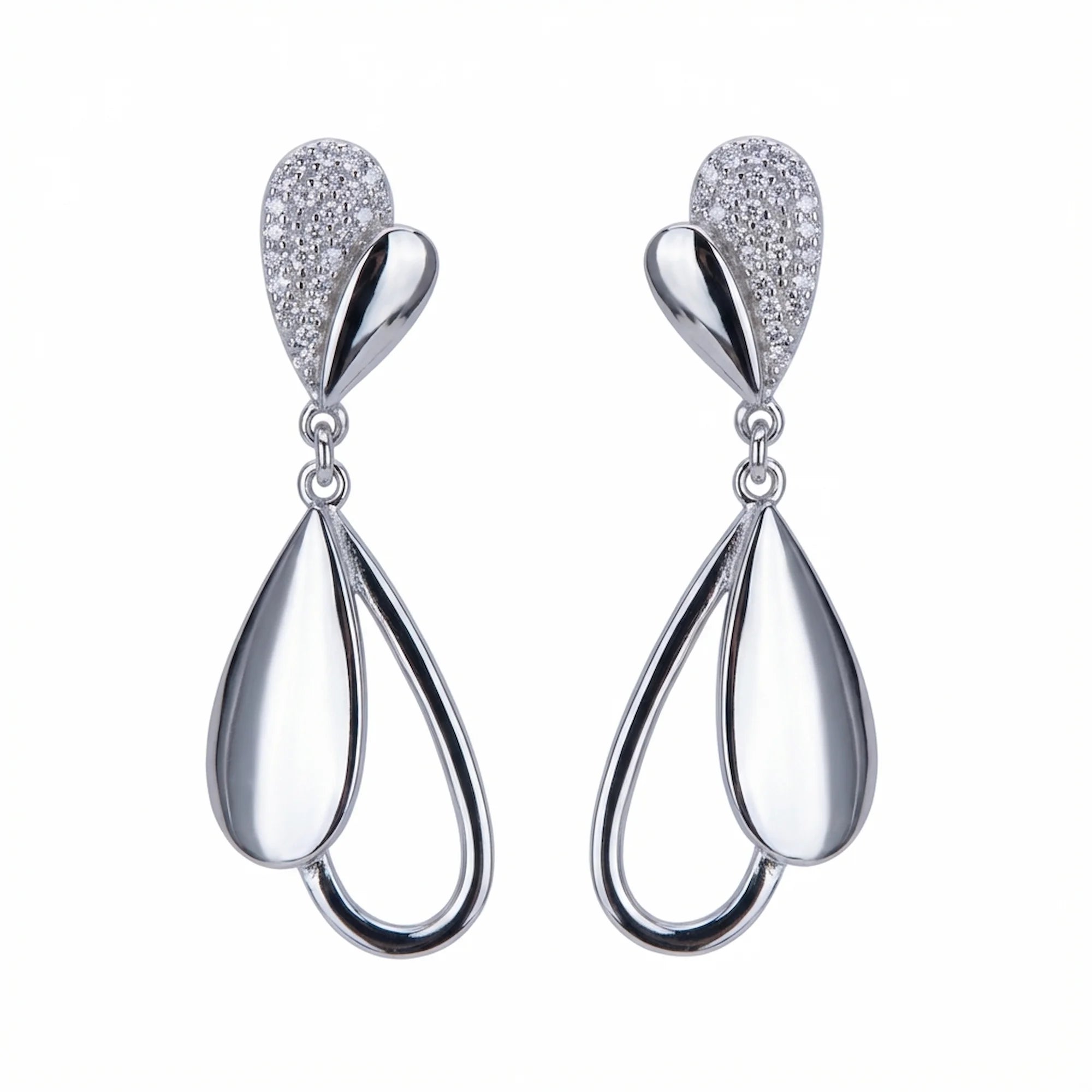 Rhodium plated sterling silver falling leaves drop earrings with pavé cubic zirconia and polished finish in Dubai.