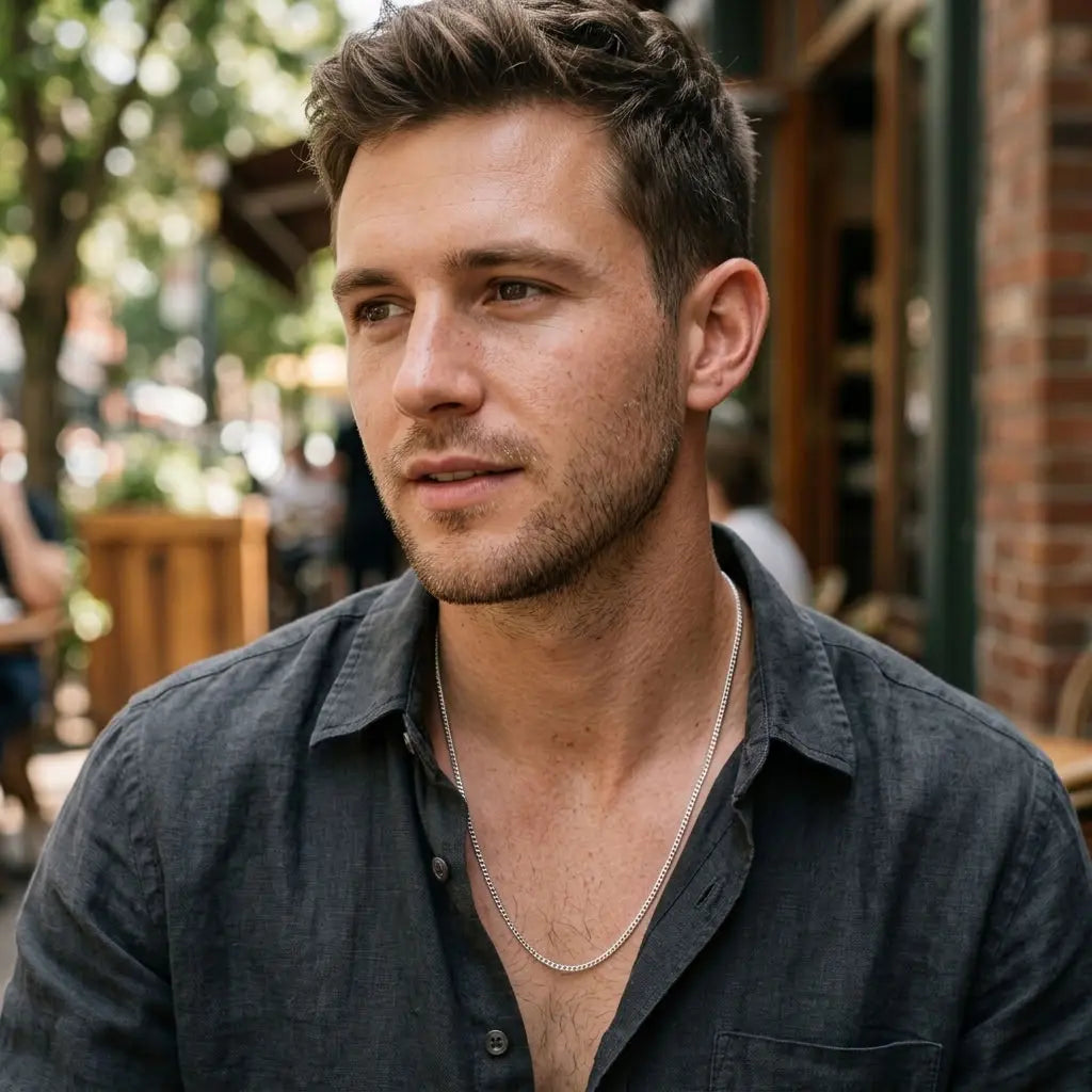 Man wearing a long, narrow silver link chain necklace with a dark open-collar shirt.