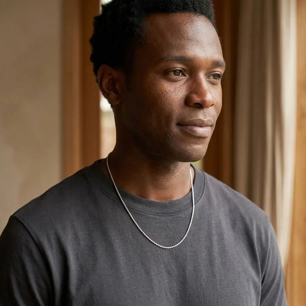 Man wearing a slim silver-tone twisted-link necklace with a charcoal T-shirt.