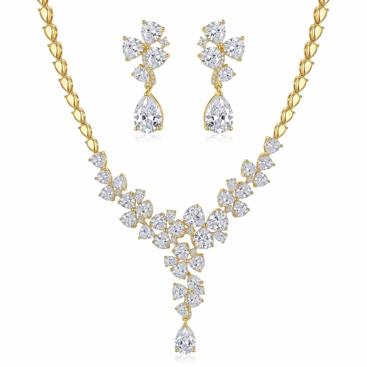 Floral cluster Y-drop necklace and earring set in 18k gold-plated cubic zirconia, displayed on a white stand in Dubai.