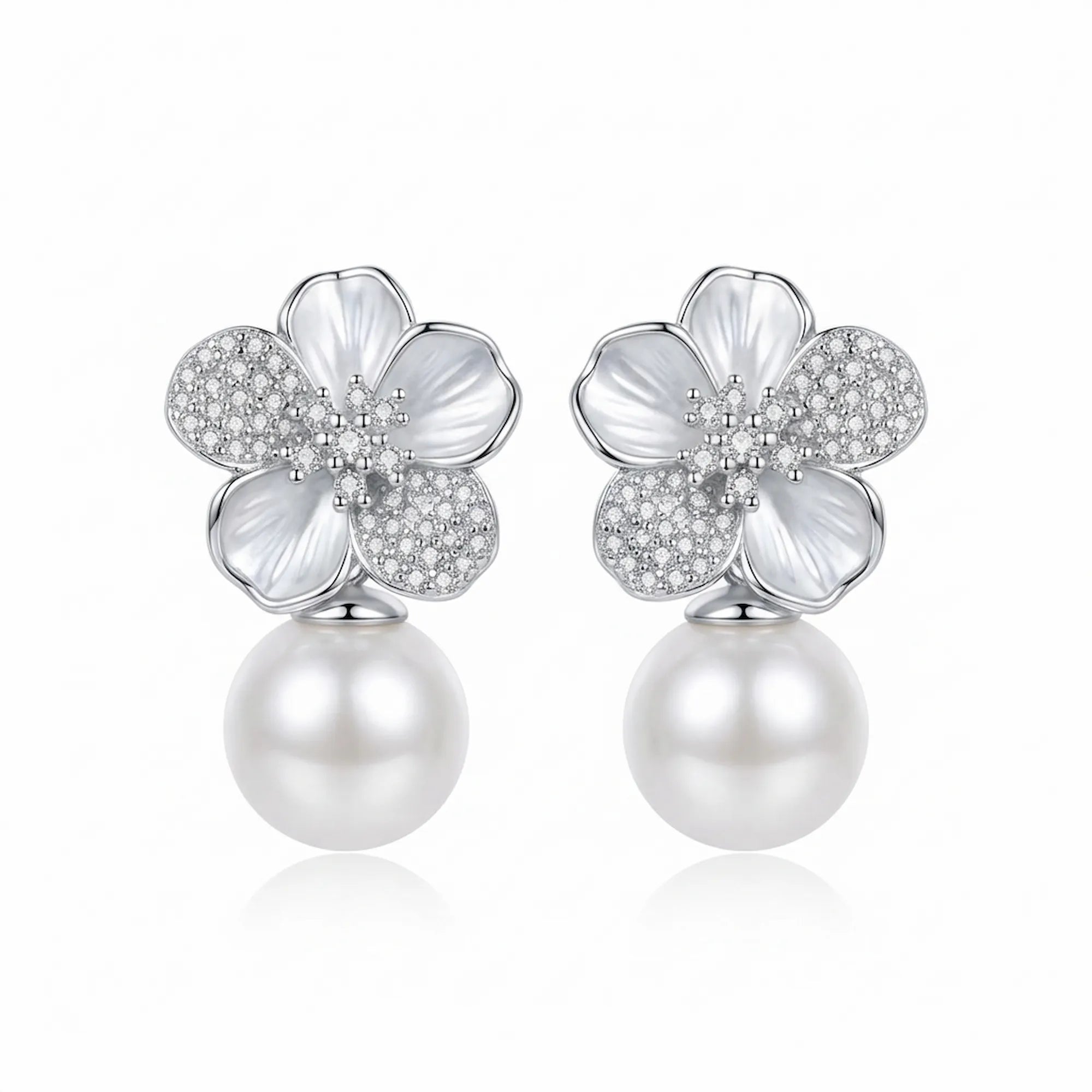 Pure white background showing the front face of floral pearl drop earrings dubai.