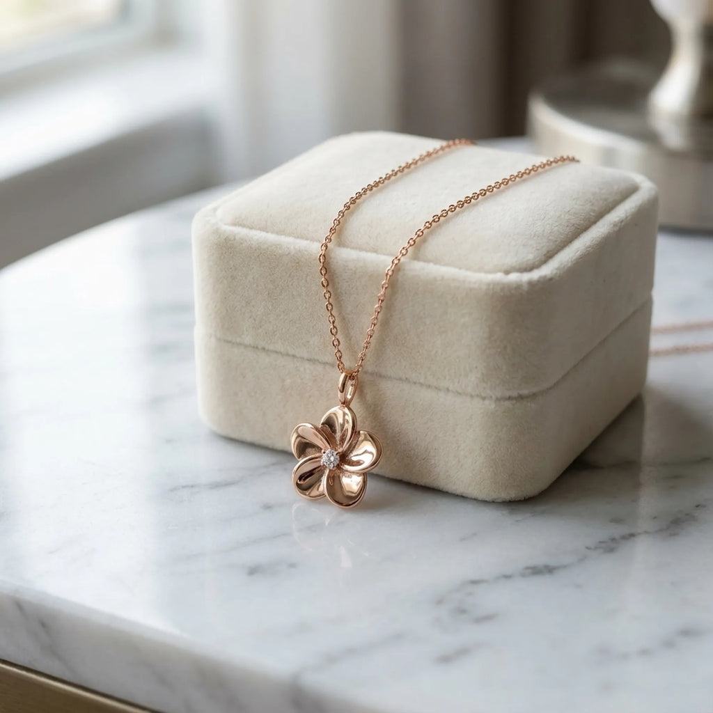 Rose gold floral pendant necklace draped against cream velvet gift box on marble — gifting presentation