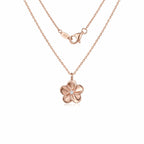 Rose gold floral pendant necklace with CZ centre on white background — 925 sterling silver chain and lobster clasp