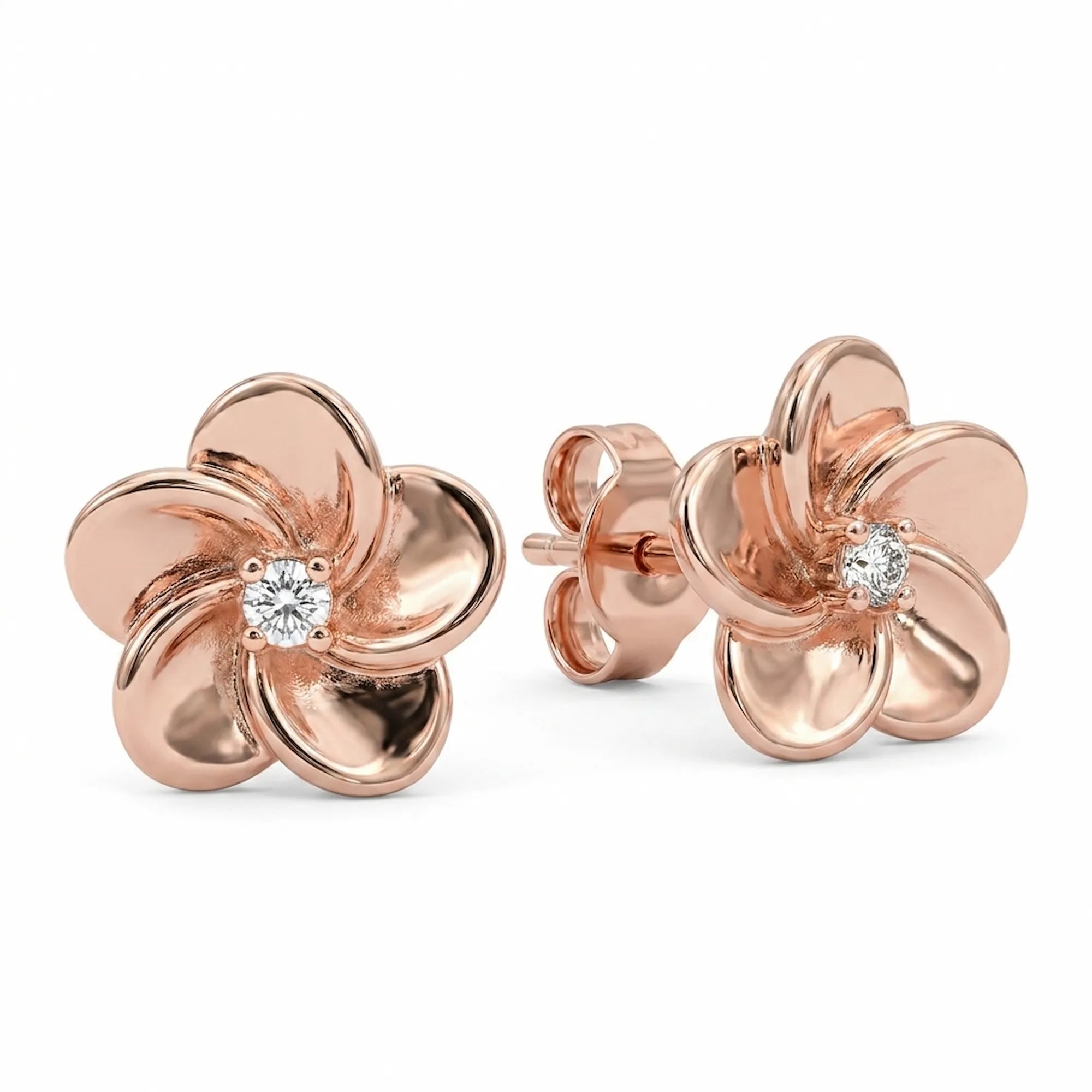 Rose gold floral stud earrings with CZ centre on white background — 925 sterling silver, 10 mm face