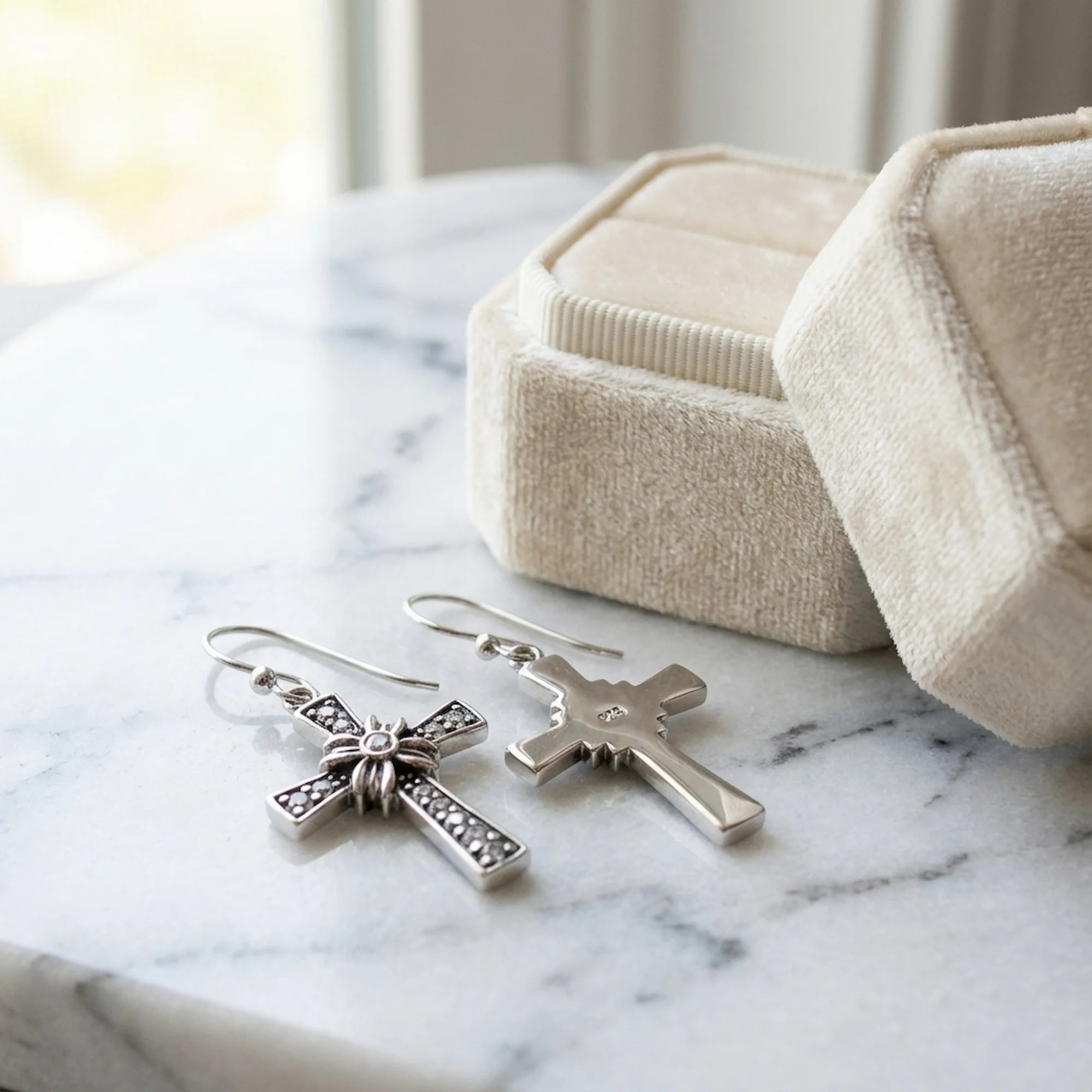 Floriated cross dangle earrings by a cream velvet box on marble, front and smooth reverse — oxidised 925 sterling silver