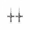 Oxidised 925 sterling silver floriated cross dangle earrings with pavé rhinestones on white background — French hook drop