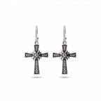 Oxidised 925 sterling silver floriated cross dangle earrings with pavé rhinestones on white background — French hook drop