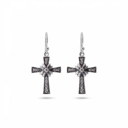Oxidised 925 sterling silver floriated cross dangle earrings with pavé rhinestones on white background — French hook drop