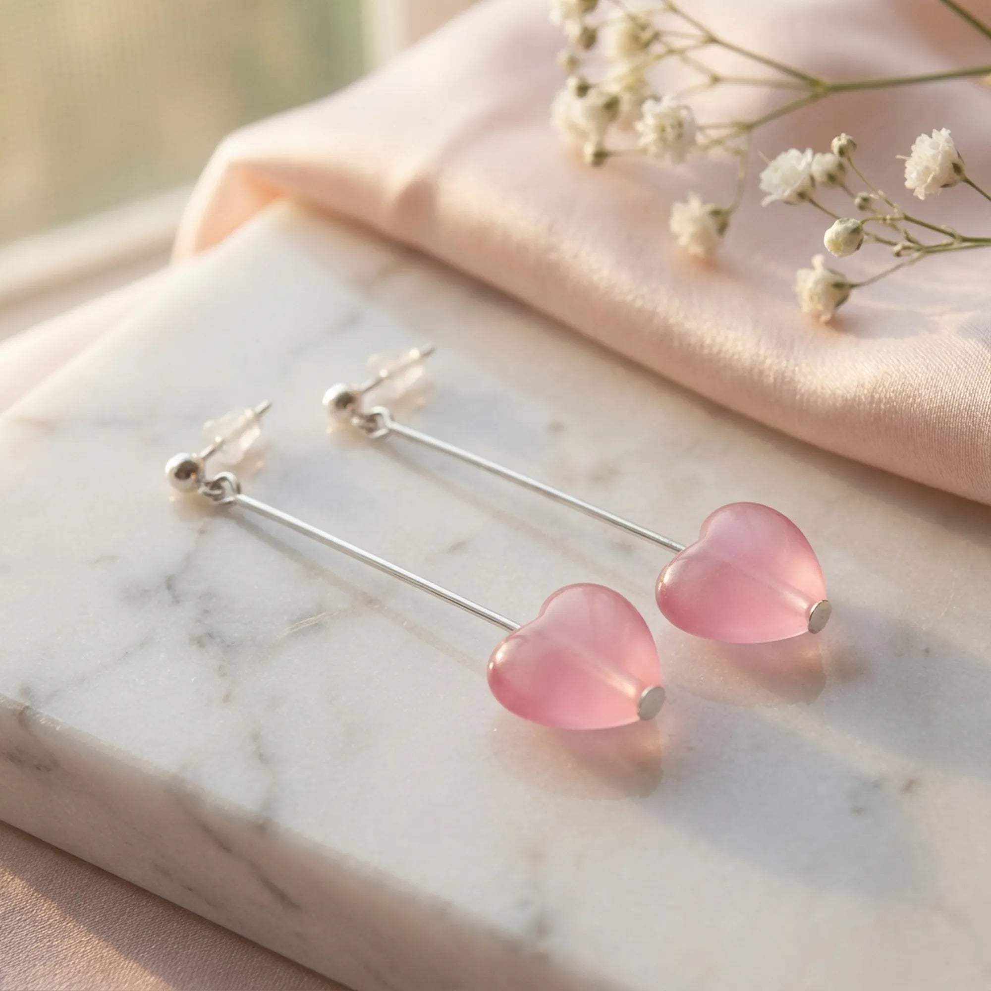 Pink heart silver drop earrings on marble with blush satin, soft-girl flat lay, Luna Dura Dubai
