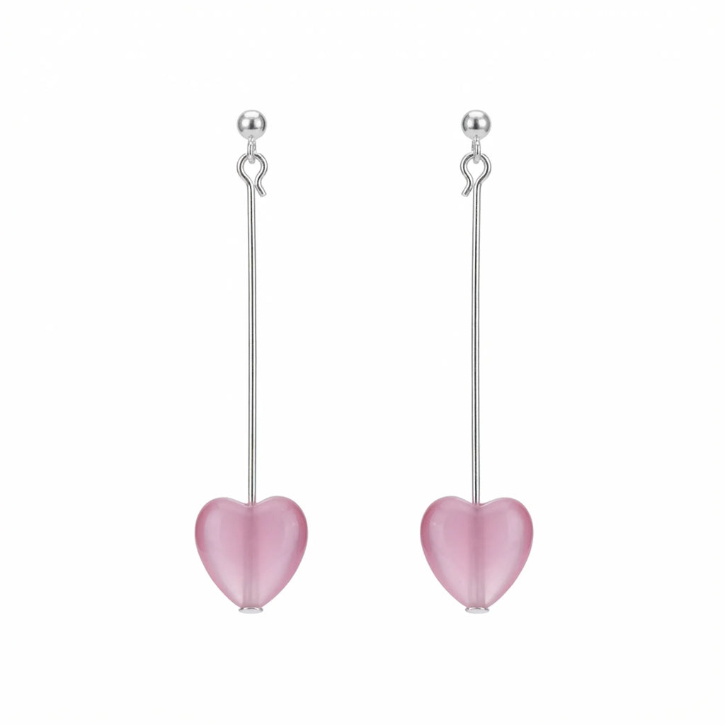Frosted pink heart drop earrings on slender 925 sterling silver bars, soft-girl style, Dubai