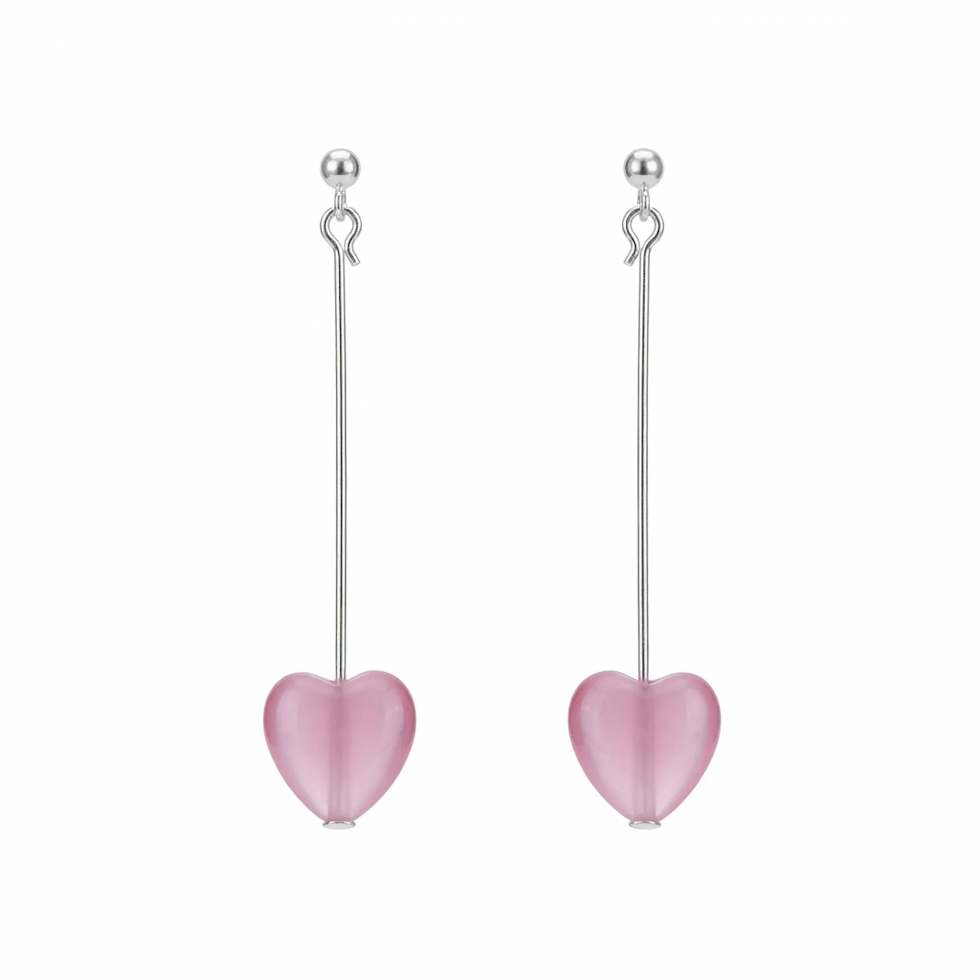 Frosted pink heart drop earrings on slender 925 sterling silver bars, soft-girl style, Dubai