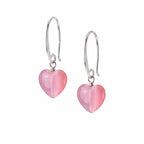 Frosted pink heart drop earrings on elongated 925 sterling silver French hooks, soft glow, Dubai