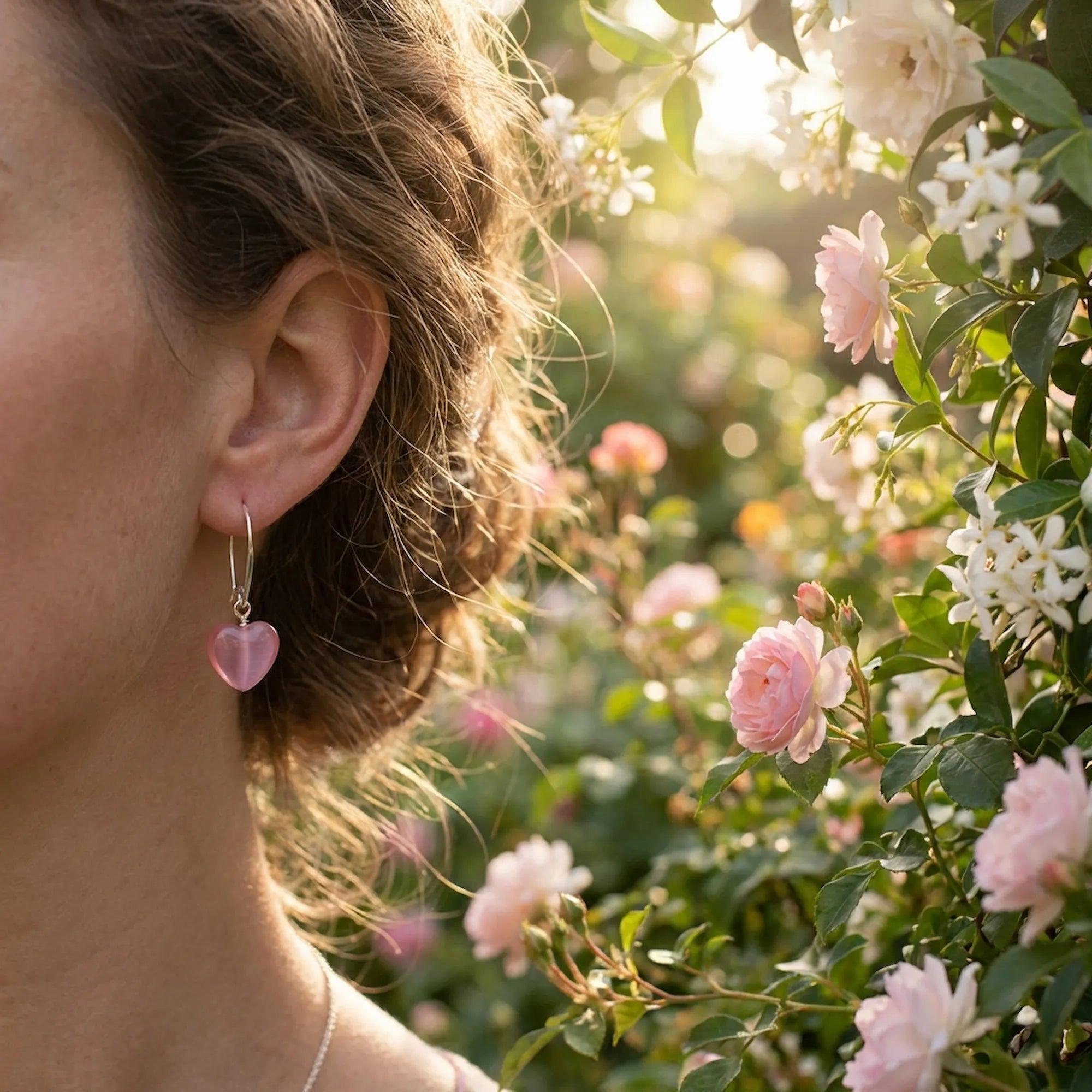 Frosted pink heart silver drop earring worn on the ear in a rose garden, French hook, Dubai UAE