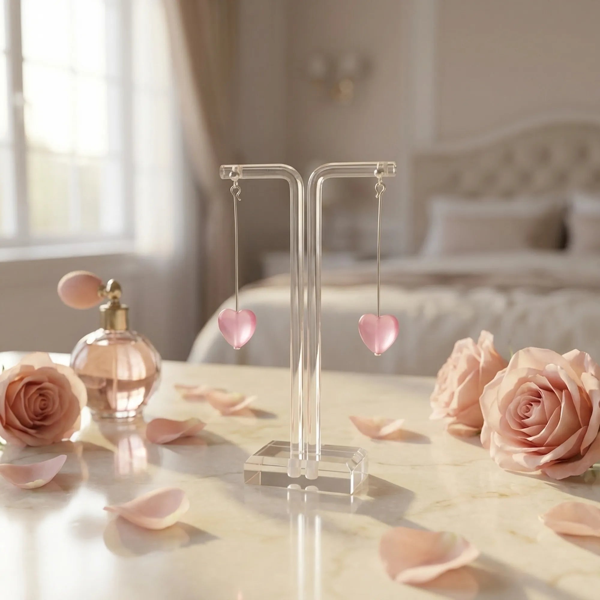 Frosted pink heart drop earrings on a stand with roses, romantic gift styling, Luna Dura Dubai