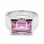 Fuchsia pink lab-grown sapphire cocktail ring, 925 sterling silver, second angle view, white background