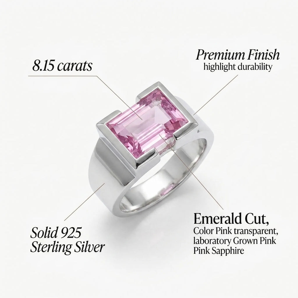 Fuchsia pink sapphire ring spec card, 8.15 carats, emerald cut, lab-grown, 925 sterling silver, premium polish