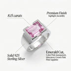 Fuchsia pink sapphire ring spec card, 8.15 carats, emerald cut, lab-grown, 925 sterling silver, premium polish