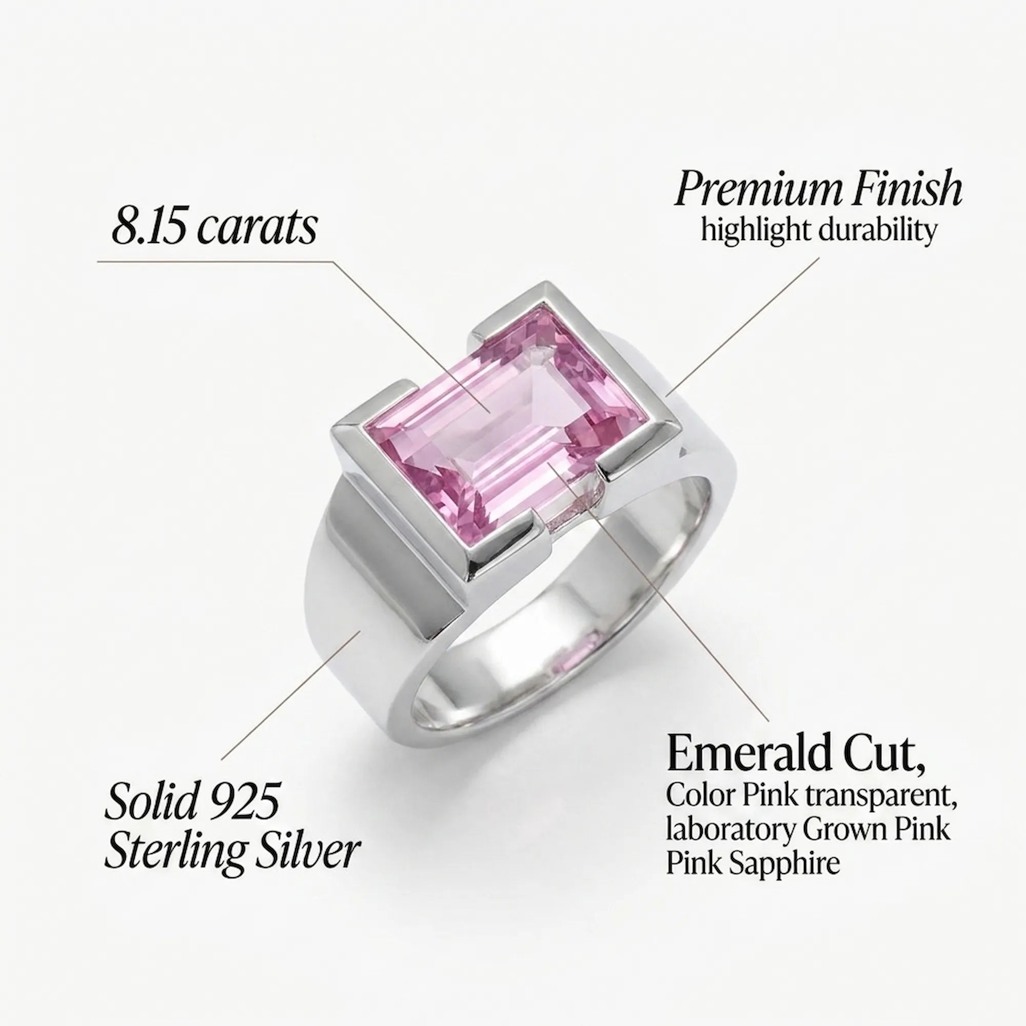 Fuchsia pink sapphire ring spec card, 8.15 carats, emerald cut, lab-grown, 925 sterling silver, premium polish
