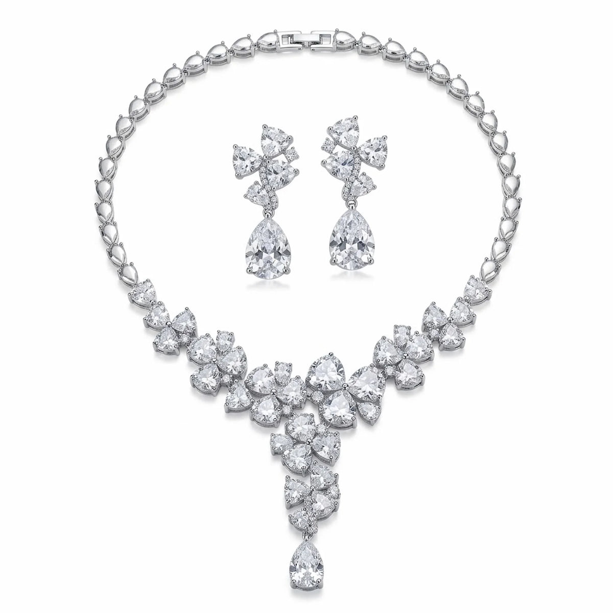 Full rhodium-plated cubic zirconia floral cluster Y-necklace and drop earrings set shown on a white background in Dubai.