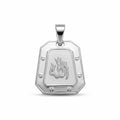 Geometric 925 sterling silver Allah pendant with raised Arabic calligraphy, satin centre and six decorative screw-head accents.