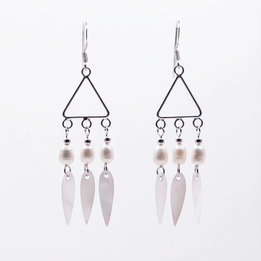 Geometric triangle 925 silver drop earrings with three pearls and shell teardrops against a white background.