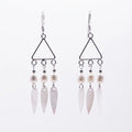 925 silver geometric triangle pearl chandelier earrings from Luna Dura Dubai, three shell pearls with mother-of-pearl teardrops.
