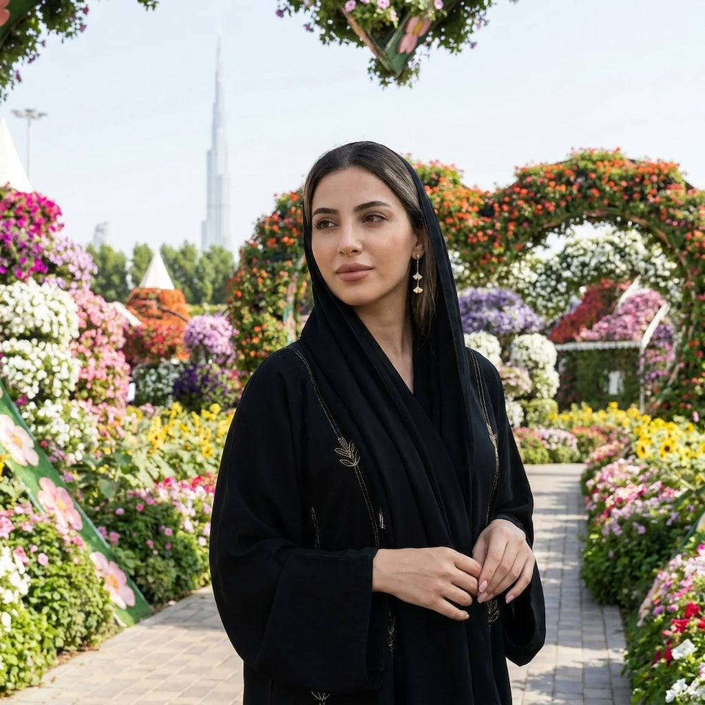 Model in black abaya wearing gold ginkgo leaf drop earrings at Dubai Miracle Garden, Burj Khalifa background
