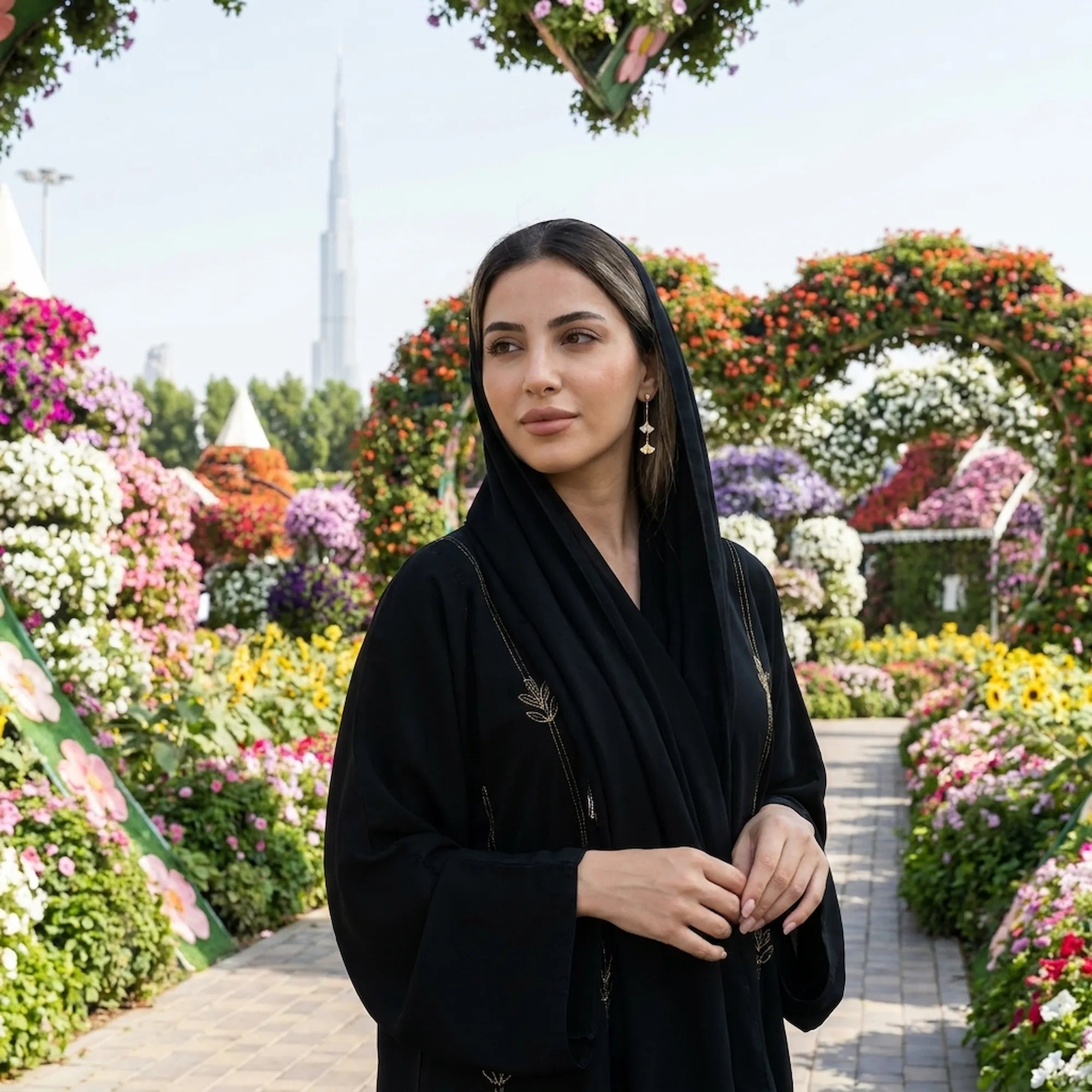 Model in black abaya wearing gold ginkgo leaf drop earrings at Dubai Miracle Garden, Burj Khalifa background
