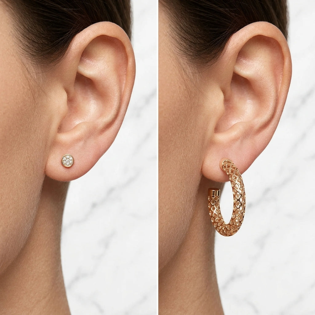 Woman wearing gold plated convertible stud and lattice hoop earrings with cubic zirconia, perfect for everyday in Dubai.