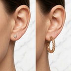Woman wearing gold plated convertible stud and lattice hoop earrings with cubic zirconia, perfect for everyday in Dubai.