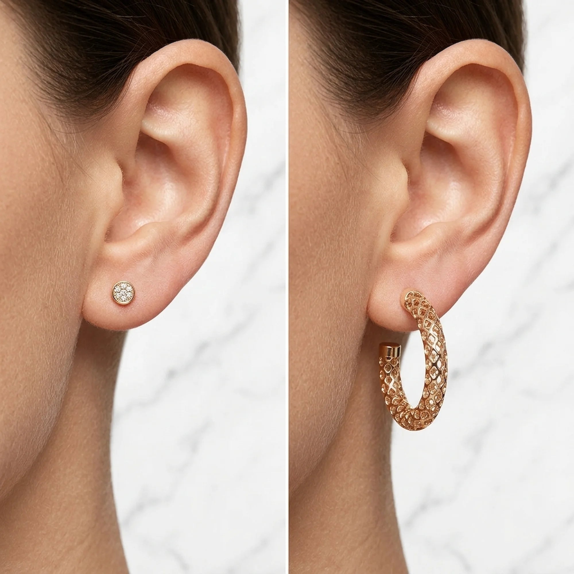 Woman wearing gold plated convertible stud and lattice hoop earrings with cubic zirconia, perfect for everyday in Dubai.