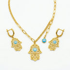Gold Hamsa and evil eye necklace and earrings set, CZ halo and turquoise enamel, gold-plated 925 silver, Dubai