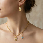 Gold Hamsa evil eye necklace and earring worn close up, gold-plated 925 sterling silver, Luna Dura Dubai