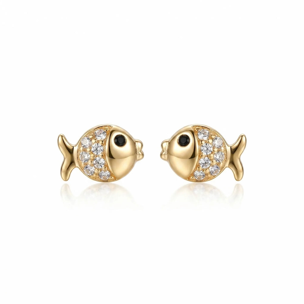 Goldfish stud earrings in 18K gold-plated 925 silver — pavé CZ scales and black CZ eye, white background