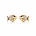 Goldfish stud earrings in 18K gold-plated 925 silver — pavé CZ scales and black CZ eye, white background