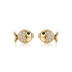 Goldfish stud earrings in 18K gold-plated 925 silver — pavé CZ scales and black CZ eye, white background