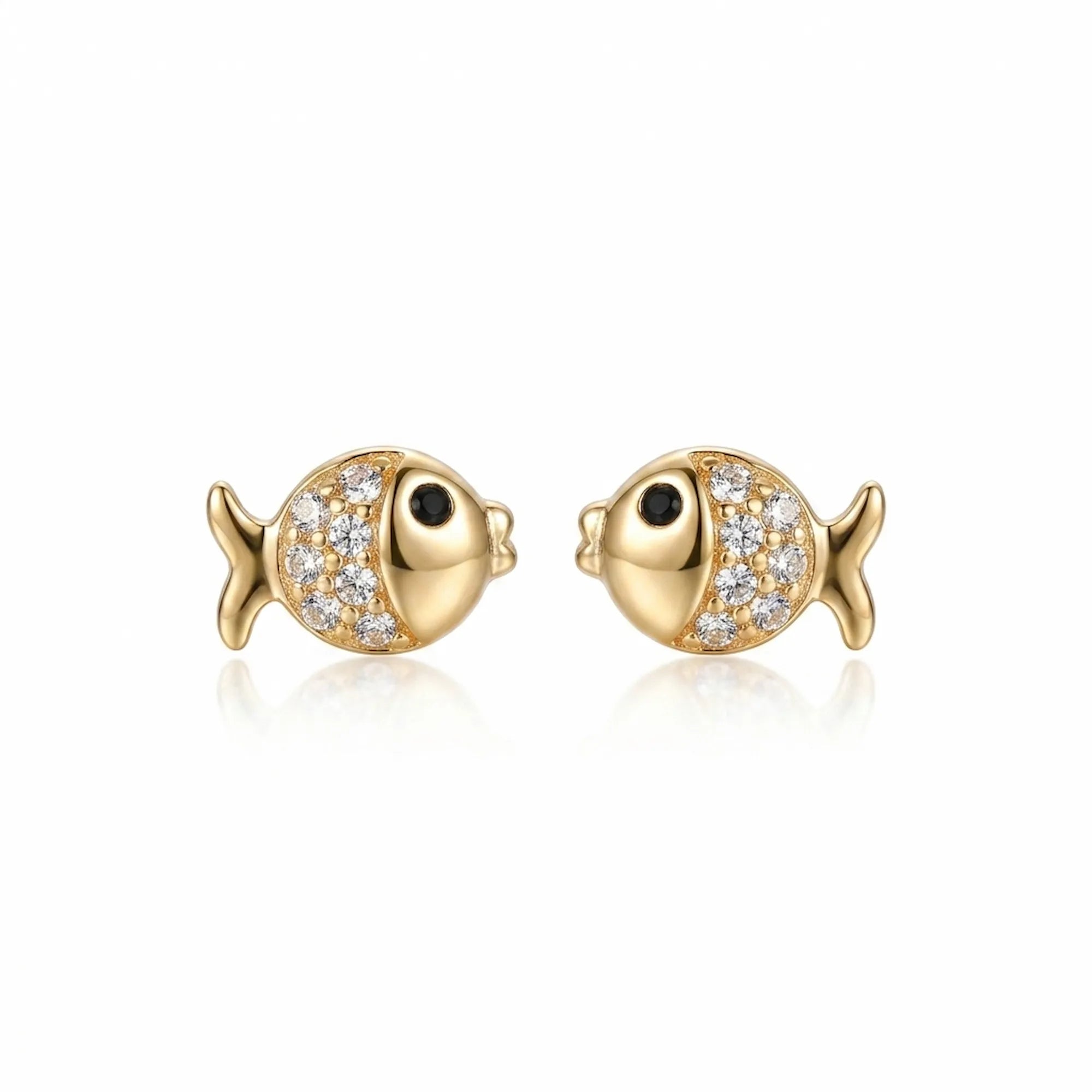 Goldfish stud earrings in 18K gold-plated 925 silver — pavé CZ scales and black CZ eye, white background