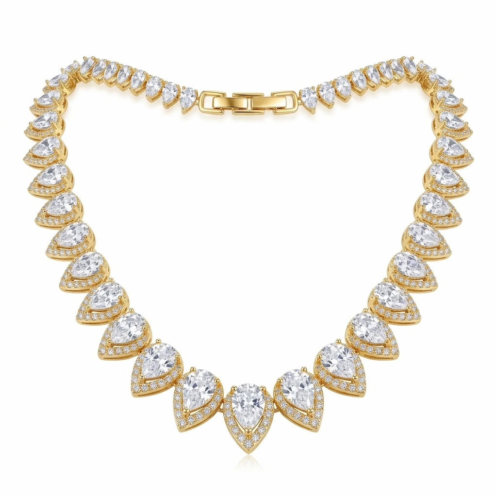 18k gold-plated 925 sterling silver bridal choker featuring graduated pear-cut cubic zirconia and pave halos in Dubai.