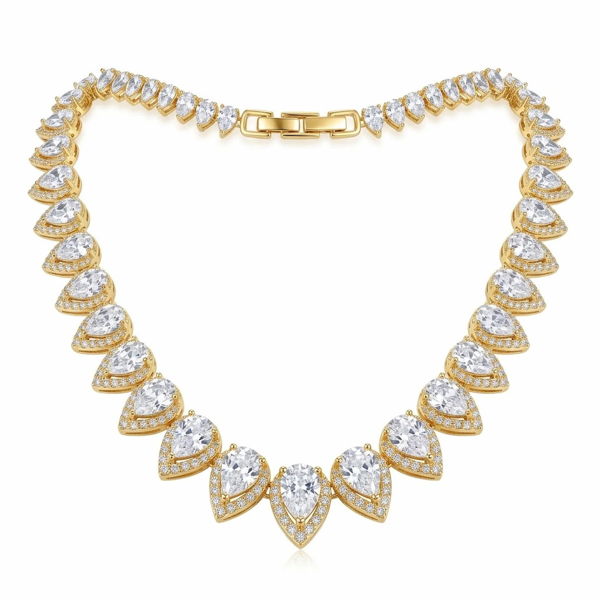 18k gold-plated 925 sterling silver bridal choker featuring graduated pear-cut cubic zirconia and pave halos in Dubai.