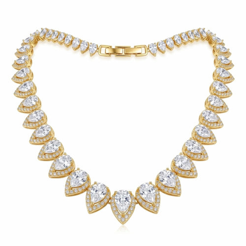18k gold-plated 925 sterling silver bridal choker featuring graduated pear-cut cubic zirconia and pave halos in Dubai.
