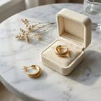 Pair of ribbed 18K gold vermeil crescent moon hoop earrings beside a velvet box in Dubai.