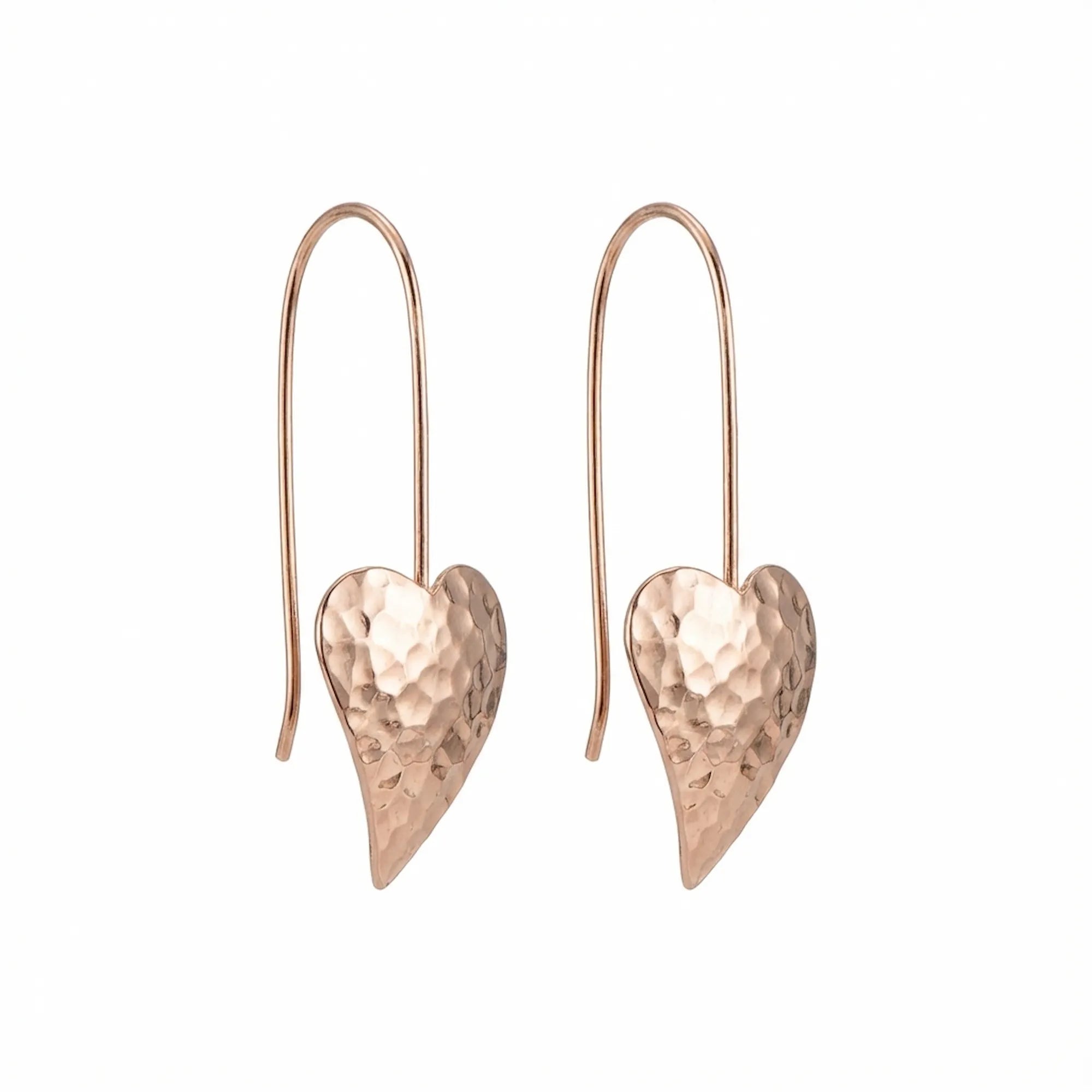Hammered rose gold heart drop earrings in 925 sterling silver — elongated tapered heart form and wire fish hook on white background